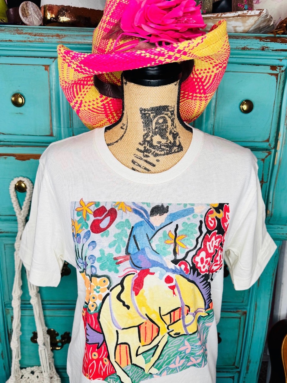 White Graphic Women's Tee with Colorful Illustration